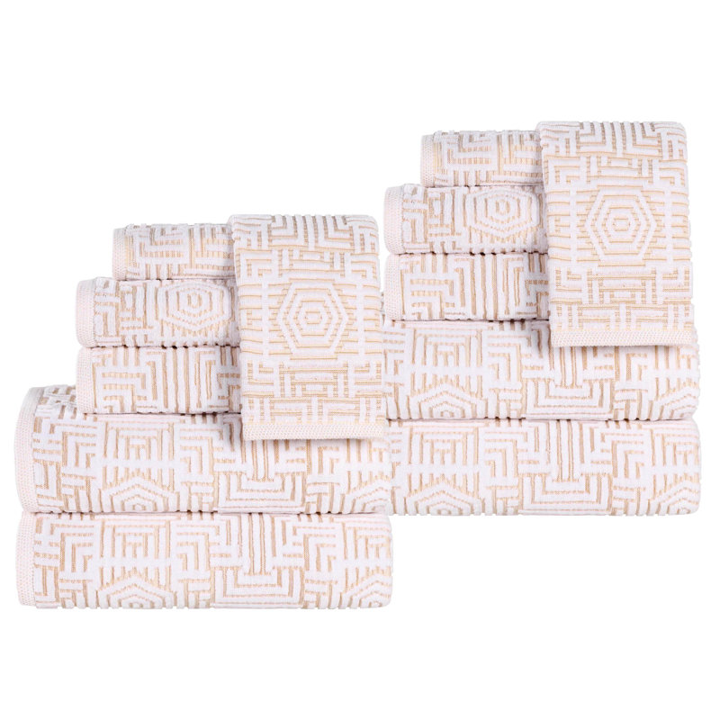 Ensemble de serviettes de salle de bain en coton à motif géométrique doux et très absorbant 12 pièces, Or