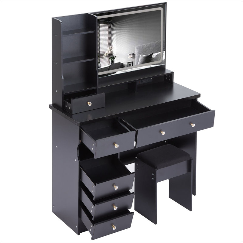 Ensemble de meuble-lavabo de 41 po avec tiroir à gauche de grande taille + ensemble de commode avec tabouret rembourré, 2 blocs d'alimentation AC + 2 USB, support pour séchoir à cheveux, miroir à DEL très grand à commande tactile, interrupteur 3 couleurs, certificat EPA, GCC, UL