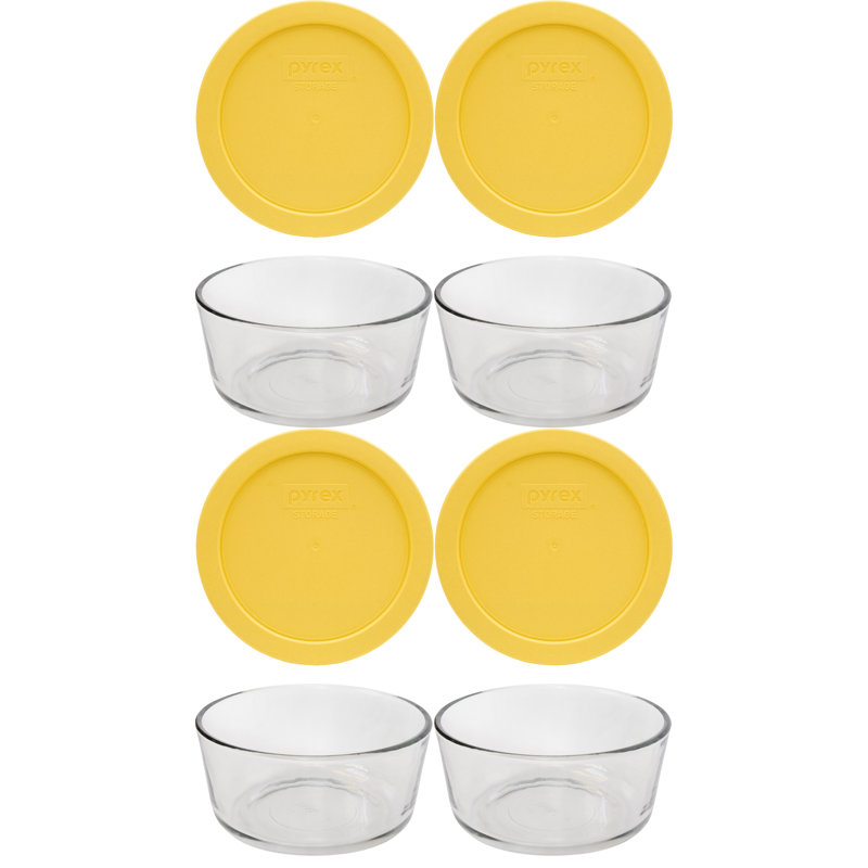 Pyrex (4) 4-Cup Glass Bowls & (4) 4-Cup Lids, Yolk Yellow