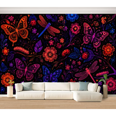 Wall Mural Peel and Stick Wallpaper Colorful Butterfly Dragonfly Floral Ladybugs Dark Neon Botanical Style Self-Adhesive Removable Contact Paper Wall Decor for Living Room Bedroom 100"H x 144"W