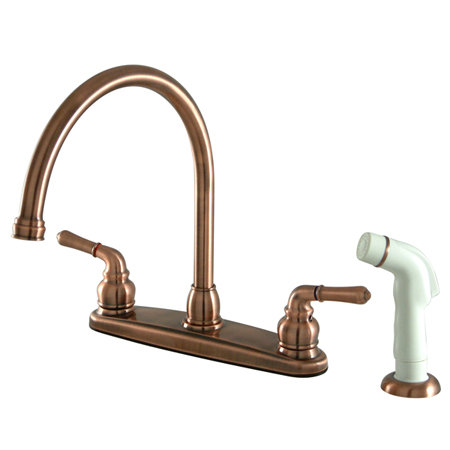 Robinet de cuisine central à 4 poignées et 4 trous 8 po avec douchette latérale Kingston Brass Magellan, Cuivre antique