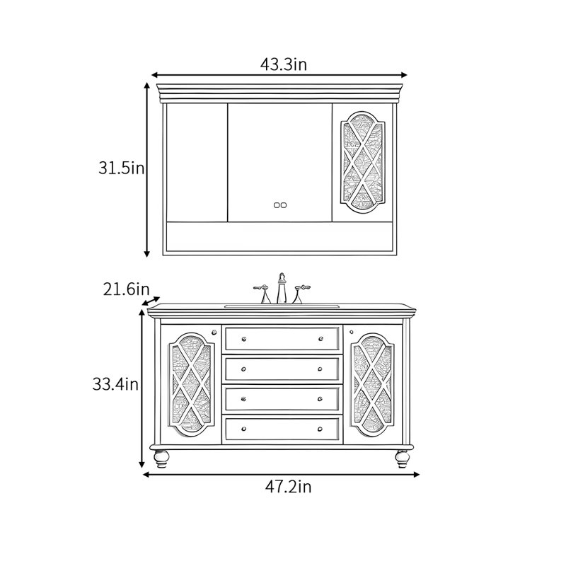 Armoire de salle de bain américaine rétro et simple, 47", Blanc cassé