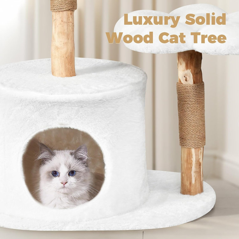 Arbre à chat, tour d'arbre à chat en bois pour grands chats, condo pour chat de luxe avec poteaux à griffer et plateformes à fleurs, mobilier pour chat, blanc