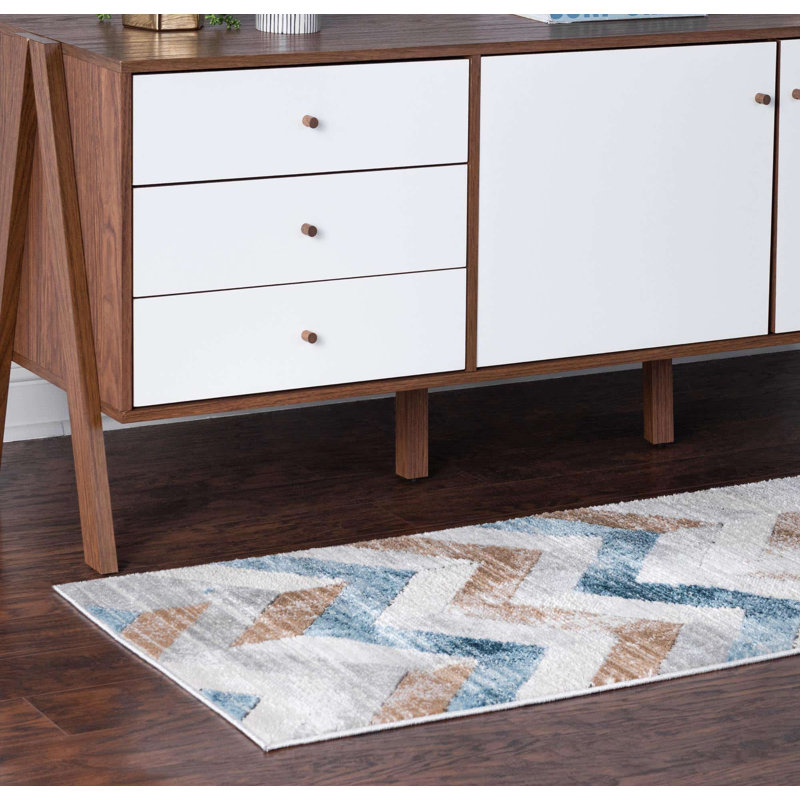  Tapis à chevrons beige / bleu, Tapis de couloir 2 pi 7 po x 10 pi