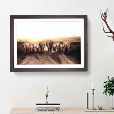 Herd of Elephants on a Dusty Road in Abstract - Picture Frame Painting Print