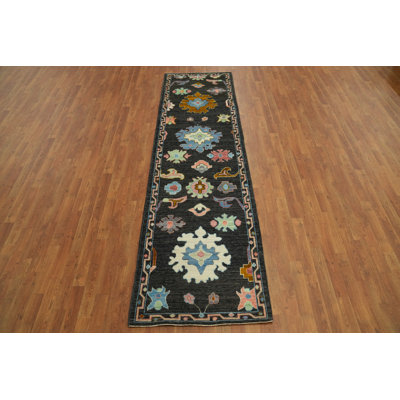 Black Floral Oushak Vegetable Dye Runner Rug 3x10