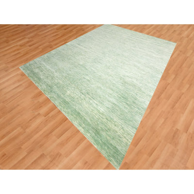 Tapis oriental noué à la main 9 pi 4 po x 12 pi 4 po de style moderne vert uni sans bordure en pure laine