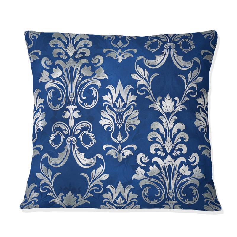 «Blue Whitetimeless Damask Art I» - Coussin décoratif transitionnel, H 18 po x l 18 po