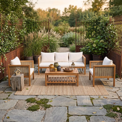 Ensemble de conversation d'extérieur 4 pièces en bois d'acacia avec table basse à lattes de patio, 2 chaises rembourrées et canapé