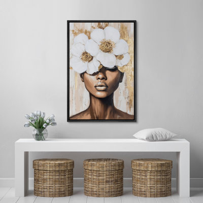 Elegance "Gold Flower African American Woman Portrait Artwork, Modern Fashion Female Bedroom Wall Pictures, Large Framed Canvas Giclee Print Wall Art"