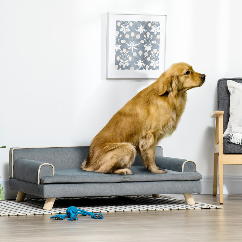Lit de repos gris pour chien, mousse spongieuse avec housse lavable à la machine, pieds en bois, pour canapé moyen, lit et grands chiens