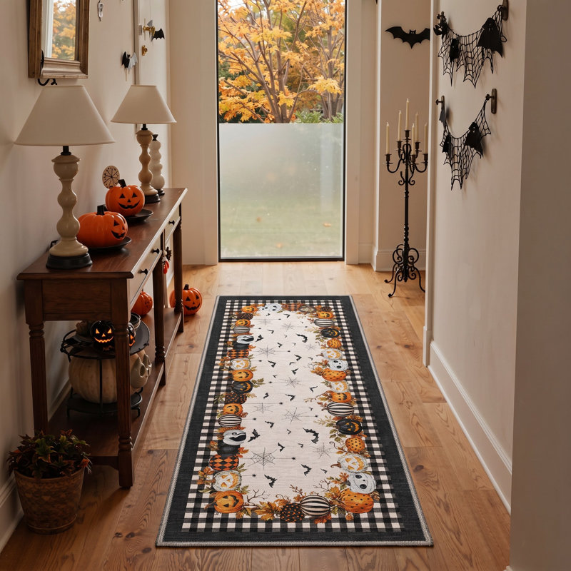 Tapis d'Halloween citrouille et fantôme, crème/noir, lavable à la machine, à poils courts, antidérapant, Runner 2' x 7'