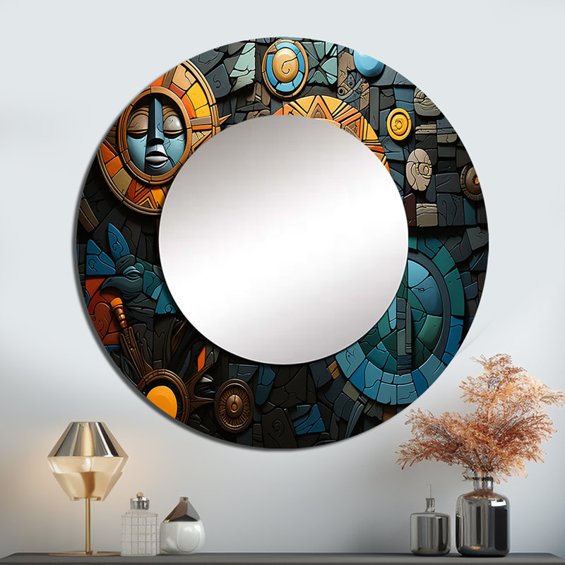 Sester African Cultural Mosaic - African Art Decorative Mirror, Turquoise Large Round Wall Mirror, Printed Metal Art