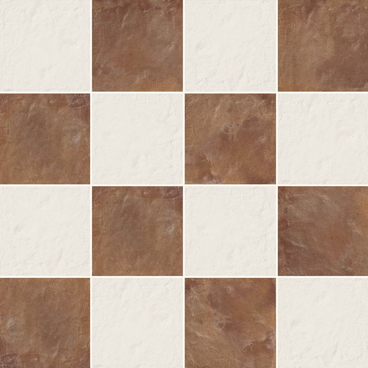 white and rust checkered tile floor