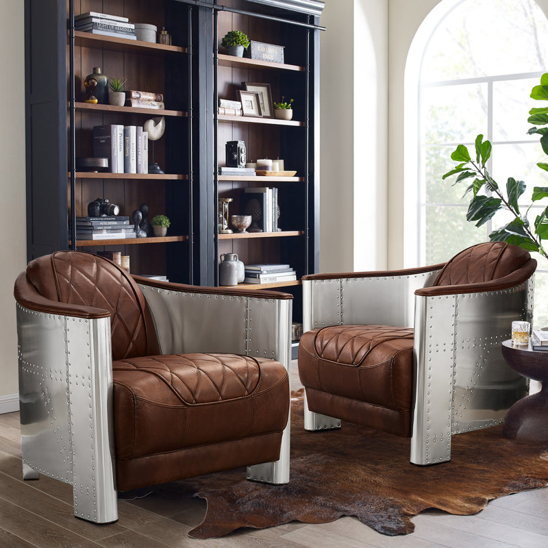Alvenia 31.1"W Tufted Genuine Leather Accent Armchair, Vintage Cognac