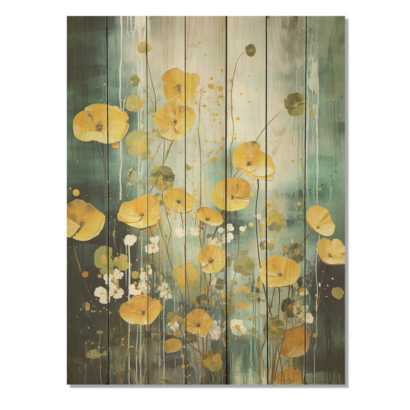 «Yellow Buttercup» jaune avec fleurs «I» - boutons d'or sur bois, H 40 po x l 30 po