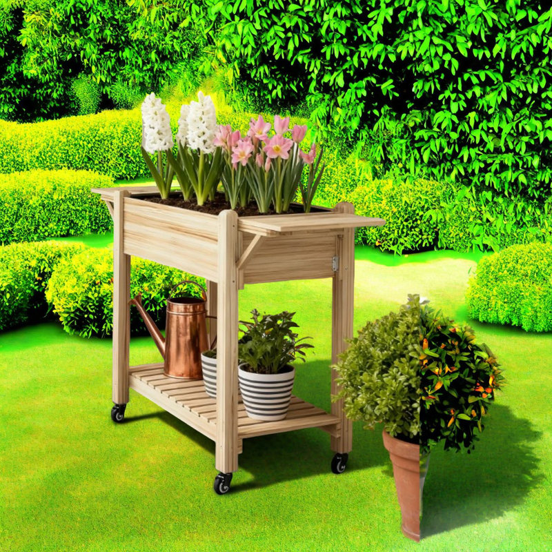 Jardinières en bois rustiques avec rangement et mobilité pour les jardins