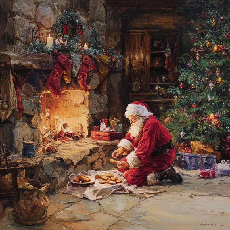 «Santa by the Fireplace», art mural sur toile, H 40 po x l 40 po