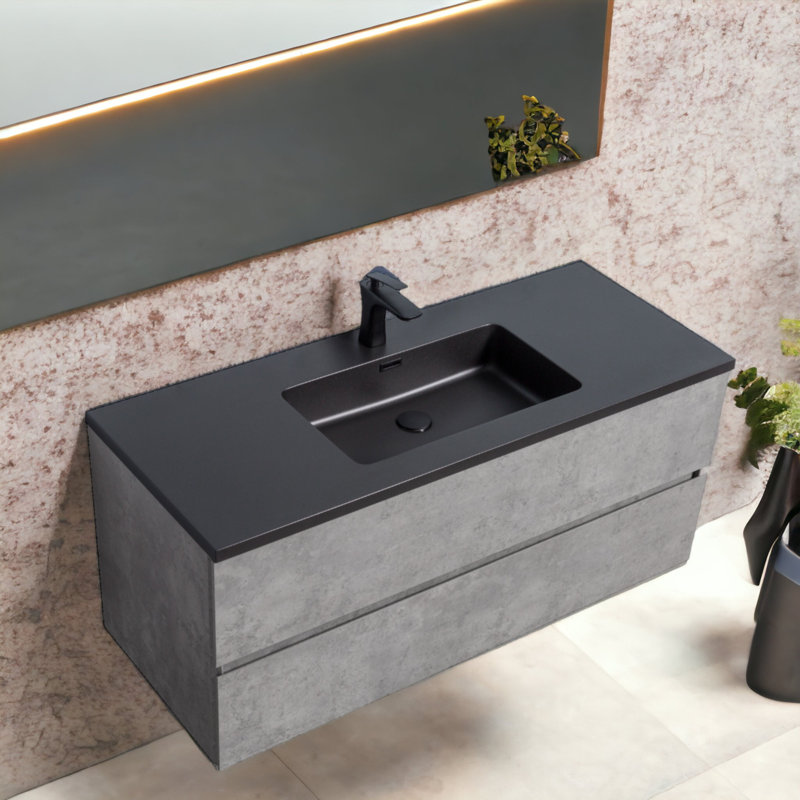 Lecio 47'' Fully Assembled Wall Mounted Single Bathroom Vanity with Quartz Vanity Top, Matte Black