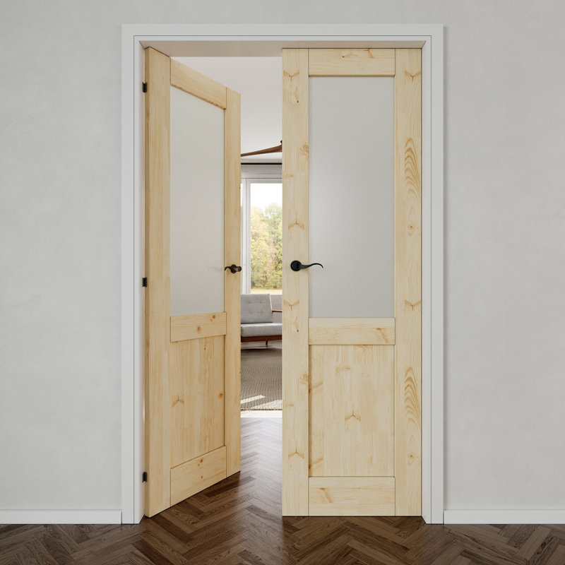 Porte intérieure semi-vitrée en pin massif naturel avec verre dépoli, style colonial, double porte-fenêtre, verre trempé certifié SGCC, cadre blanc et quincaillerie noire mate - poignée de porte avec serrure, loquet et charnières, non finie et à peindre, 122 cm x 203 cm