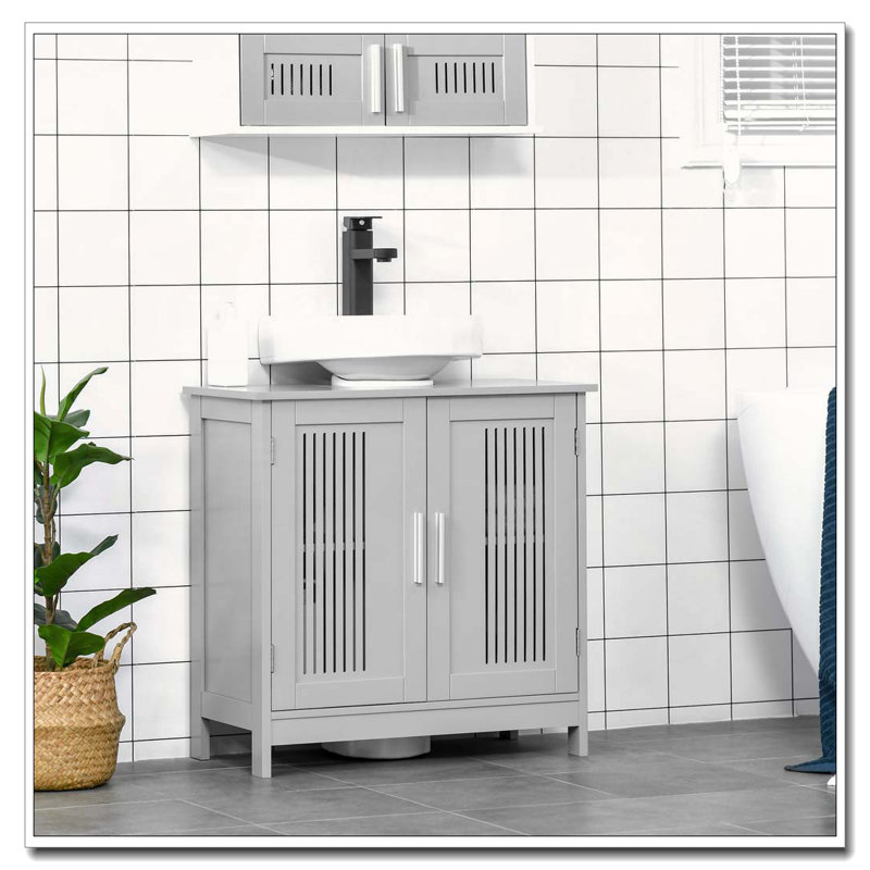 Armoire de meuble-lavabo moderne sous le comptoir avec 2 portes et piédestal sous le lavabo avec tablettes réglables, Gris