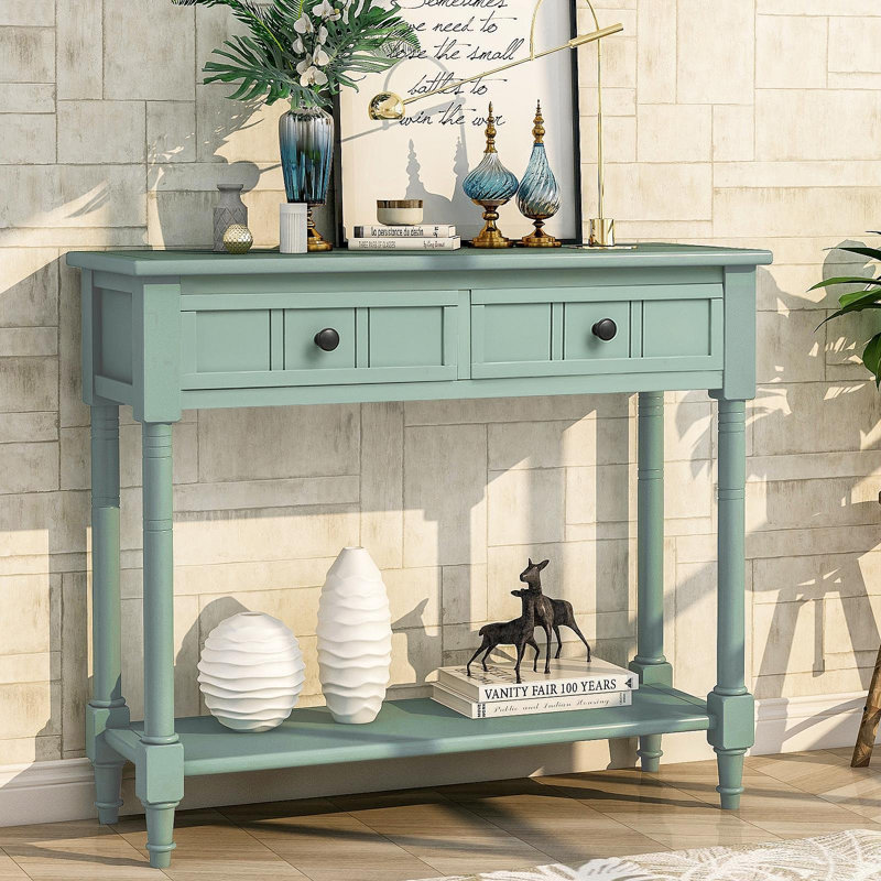 Console Daisy Series à conception traditionnelle avec deux tiroirs et une tablette inférieure Acacia Mangium (bleu rétro)