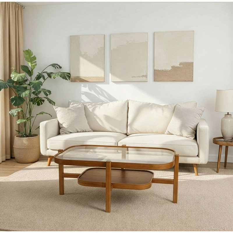 Table basse élégante, 100% bois massif avec plateau en verre trempé, 43,3 po x 19,0 po x 27,6 po | Finition riche en noyer, design moderne | Parfait pour le salon, centre de table durable et élégant