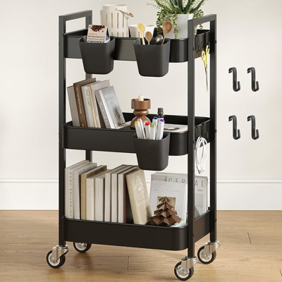 Chariot utilitaire roulant robuste à 3 niveaux avec roues verrouillables, organisateur de rangement en métal avec crochets et tasses suspendues pour la cuisine, le bureau, la salle de bain ou la salle de bricolage - noir