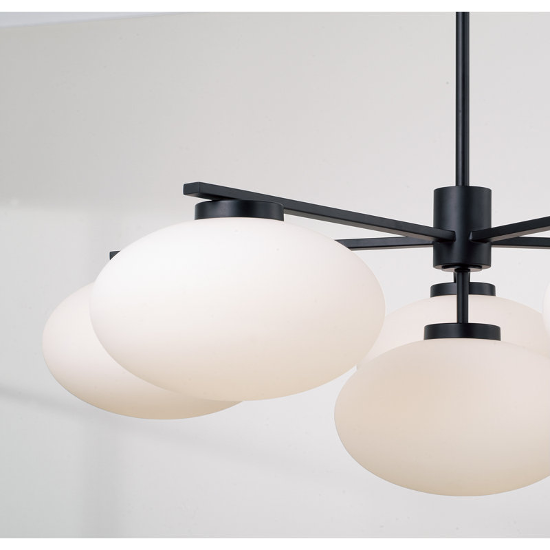 37" W x 12.25" H 6-Light Chandelier in Matte Black with Soft White Glass Oval Globes, Matte Black, 6, 37"W x 12.5"H