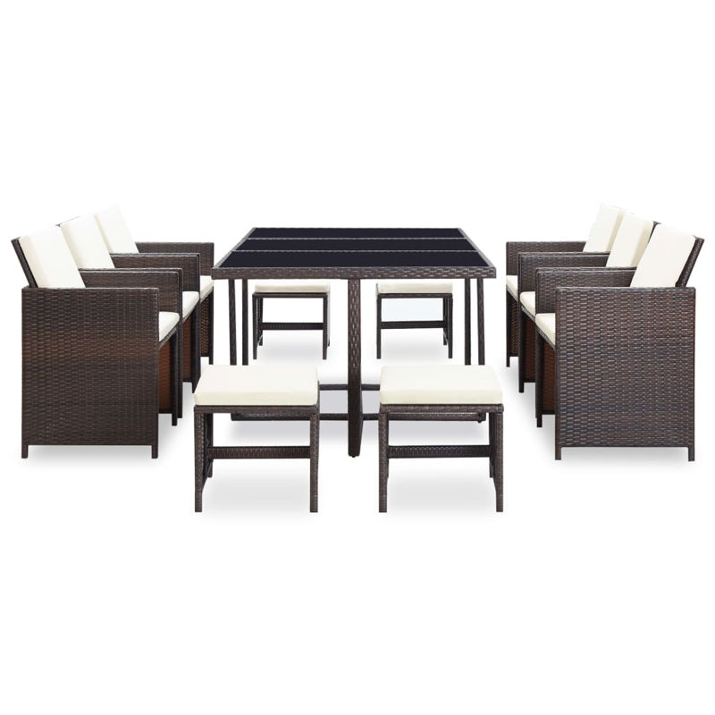 Buttram vidaXL Patio Dining Set with Cushions Outdoor Table and Chairs Poly Rattan, White Cushion/Brown Frame