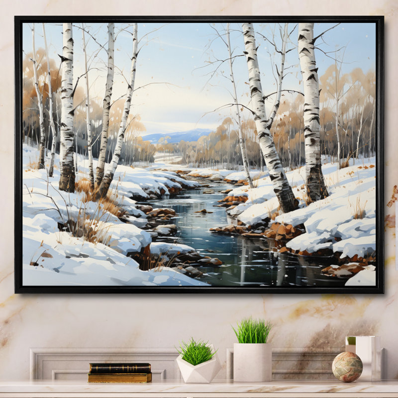 Birch Woods Winter Whispers I - impression sur toile de bouleau, H 34 po x l 44 po x P 1,5 po, Cadre flottant noir