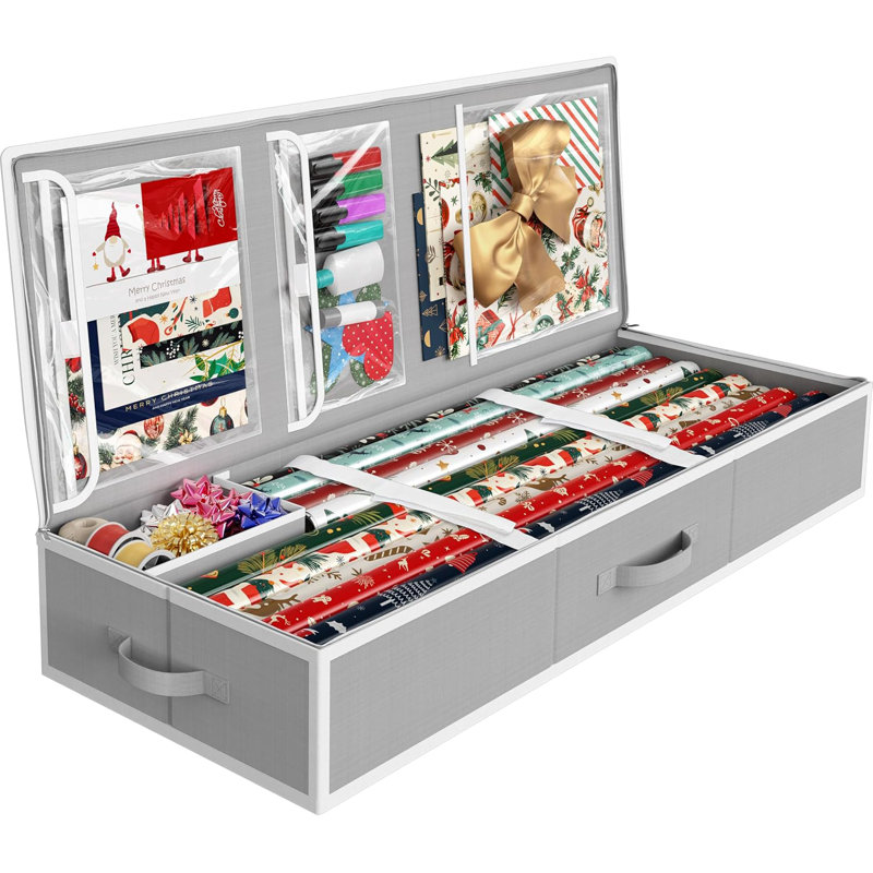Organisateur de papier d'emballage - Rangement sous le lit pour papier cadeau de 25 à 40 rouleaux, gris