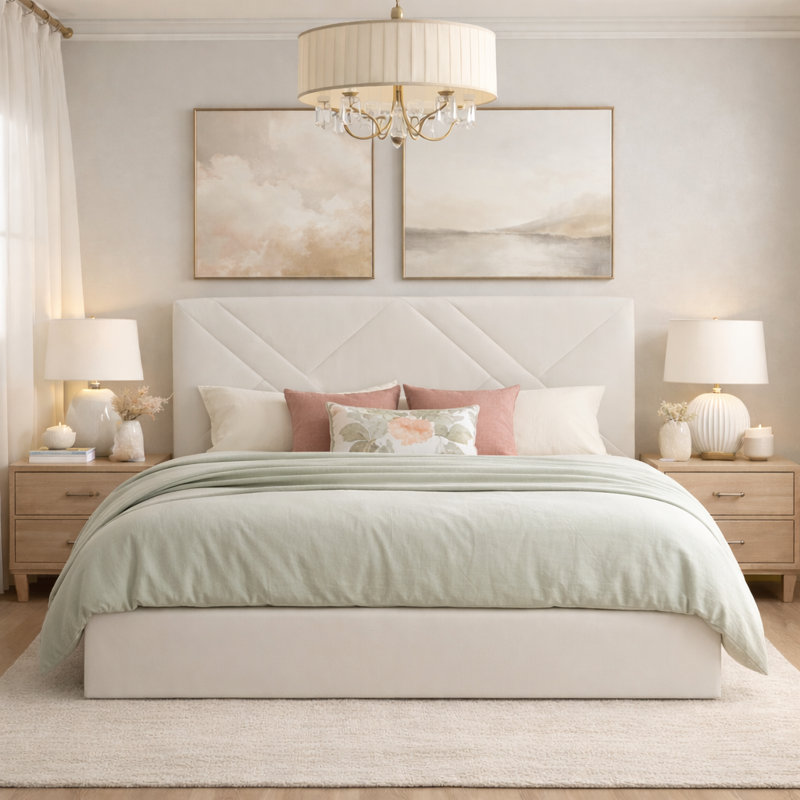 Lit plateforme tapissier avec rangement Gaillarde, Grand, Crème