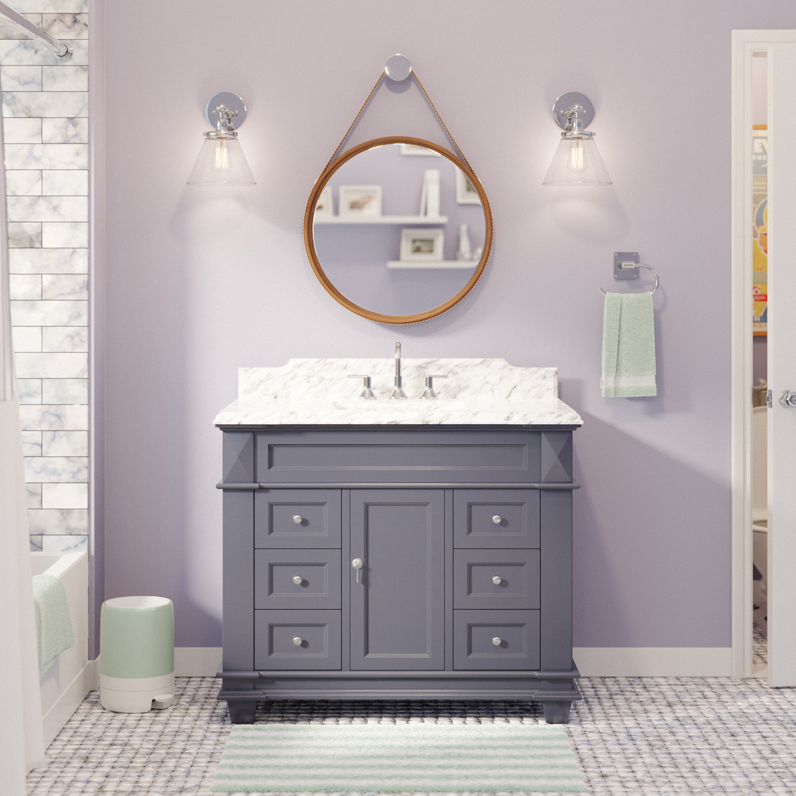 Ensa 42'' Single Bathroom Vanity, Marine Gray, Carrara Marble