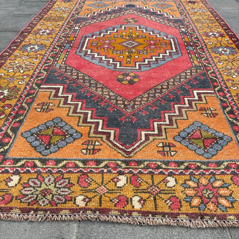 Tapis turc anatolien turc vintage tissé à la main avec motif tribal oriental