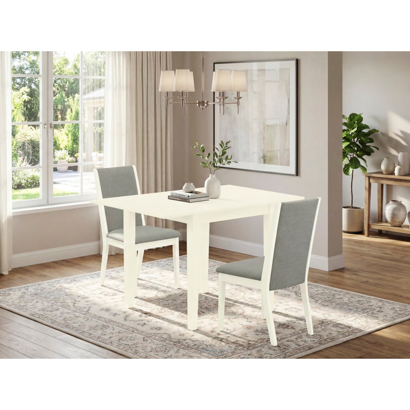 Rectangular Solid Wood Top With Dropleaf Dining Table Set, Linen White, 3 Pieces: 1 Table, 2 Chairs, Gray/White