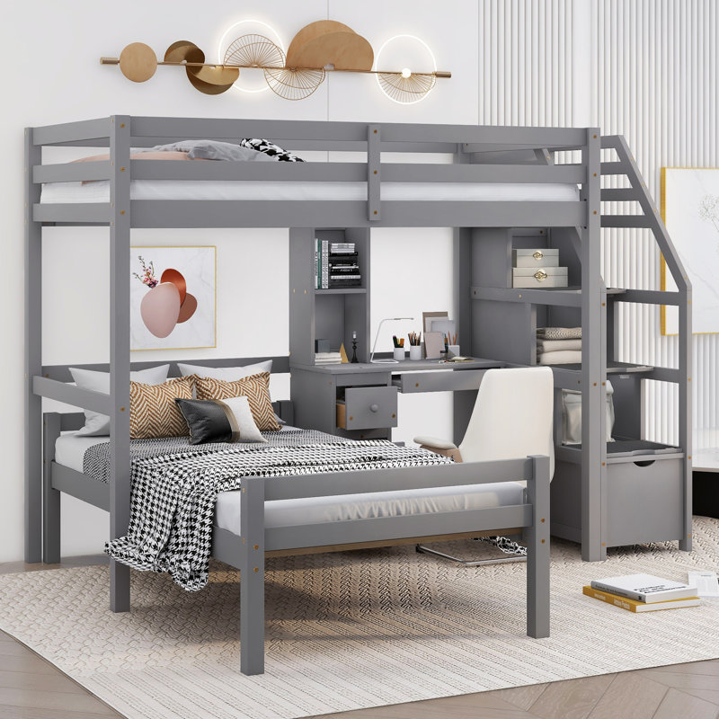 Ffyon Twin Over Twin L Shape Bunk Bed with Built-In Desk, Gray