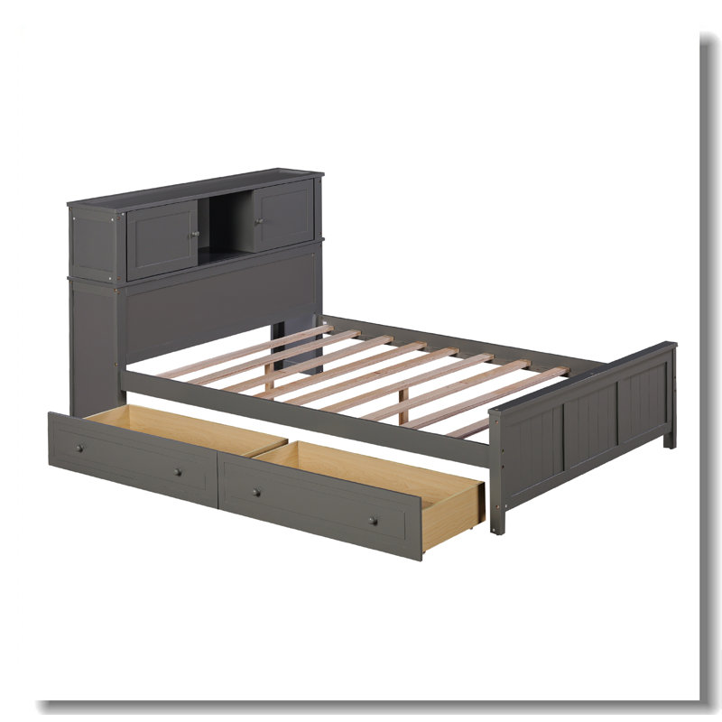 Lit plateforme double avec tête de lit et porte coulissante, Gris