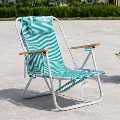 Chaise de plage pliante en aluminium avec accoudoirs en bois, inclinaison à 4 positions, rayures vert menthe et blanches, 61 x 56 x 94 cm