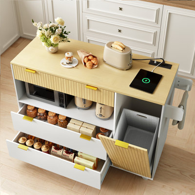 Rolling Kitchen Island with Pull Out Trash Bin Cabinet, Power Outlet, 3 Drawers, Mobile Kitchen Cart On Wheels For Kitchen