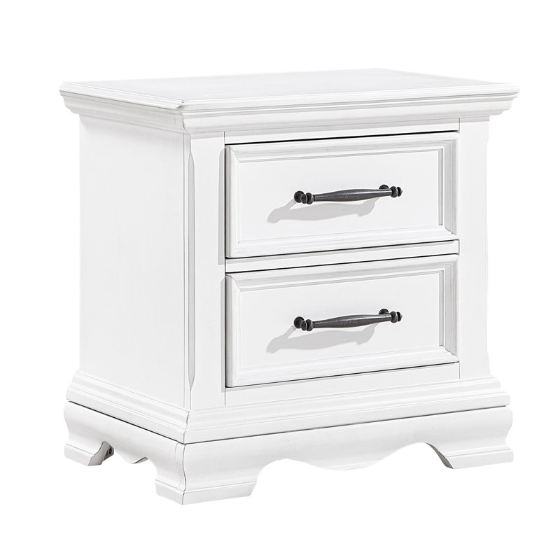 Charmante table de chevet à 2 tiroirs à finition blanche avec poignées noires et table de chevet classique (meubles de chambre à coucher seulement)