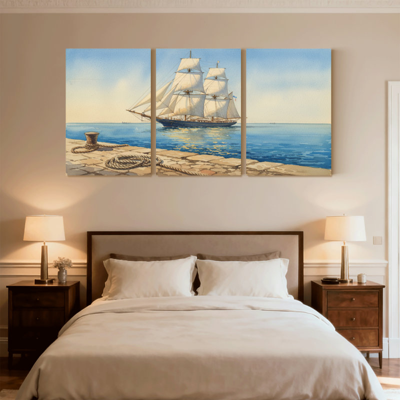 Nautique et plage, bateau sur une mer calme avec quai, ensemble de 3 impressions sur toile, L 24 po x l 48 po