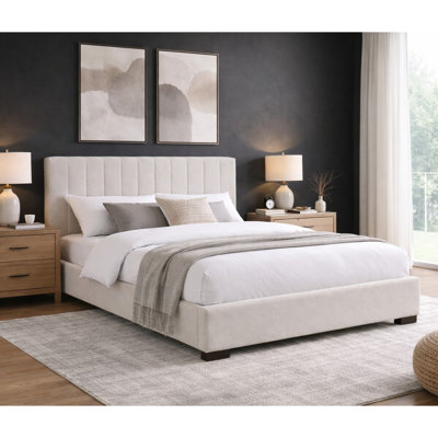 Lit plateforme Marielle Queen capitonné avec tête de lit à canaux, beige