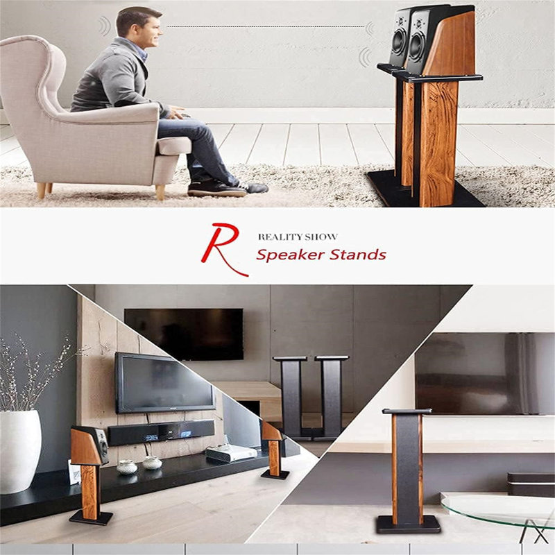60cm Wood Grain Fixed Height Speaker Stand Universal Floor Pair Heavy Duty Surround Sound Studio Monitor Stand For Home Theaters With Sand Filling Tuning Function