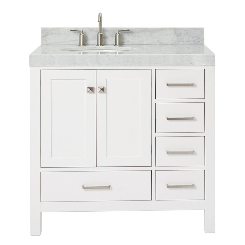 Ariel Cambridge 36 In. Right Offset Vanity With 2 In. Carrara Marble Countertop, White, Brushed Nickel