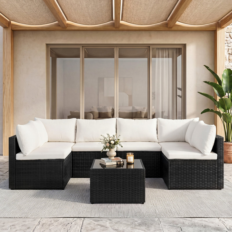 7-piece Modular Patio Conversation Sets with Cushions and Tempered Glass Table, Black