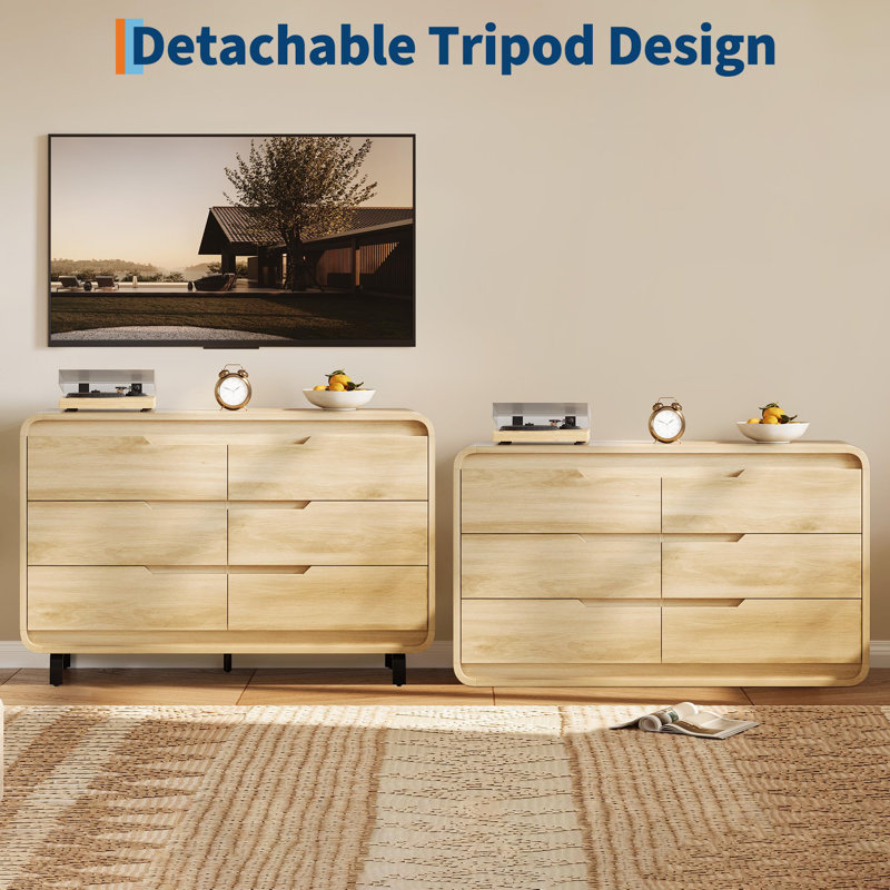 47" Wide 6 Drawer Wood Dresser with Handleless & Detachable Legs, Modern Storage Chest, Natural