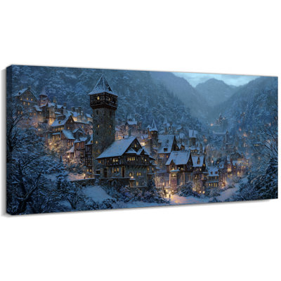 Grande toile de village d'hiver, impression de paysage de neige de Noël avec des pins et des cabanes, prêt à accrocher, affiche de Noël rétro, peinture pour salon, chambre à coucher, bureau, décoration de vacances, 30 po x 60 po