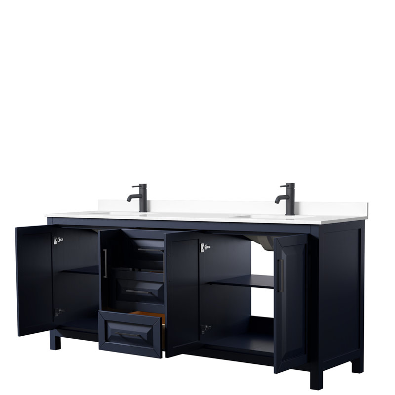 Daria 80'' Double Bathroom Vanity with Carrara Marble Top, Dark Blue, Matte Black