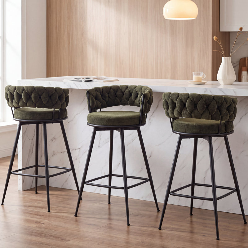 Modern Green Upholstered Bar Stool With Woven Look Backrest & Fixed Black Metal Frame Stable Counter Height Stool For Kitchen Breakfast Bar Or Cafe, Set Of 3